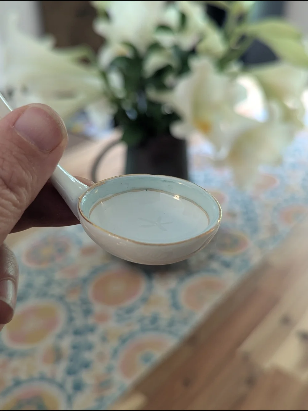 Nippon Hand Painted Porcelain Condiment Spoon Mayonnaise Ladle Rising Sun